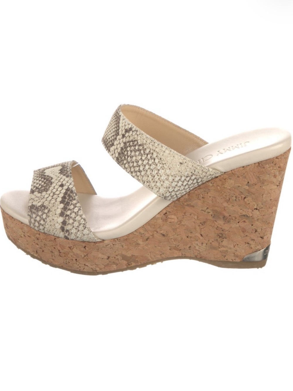 Jimmy Choo Neutral Snake-Print Cork Wedge Sandals